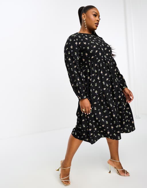 Vero Moda Curve - Midi-smockjurk met fijne zwarte bloemenprint