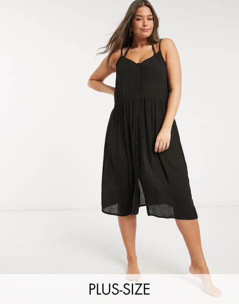 Vero Moda Curve midi sundress with button front in black