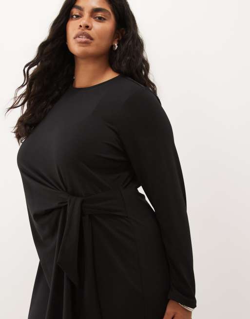 Vero Moda Curve Midikleid mit langen Ärmeln und Bindedetail in Schwarz, 3 von 4