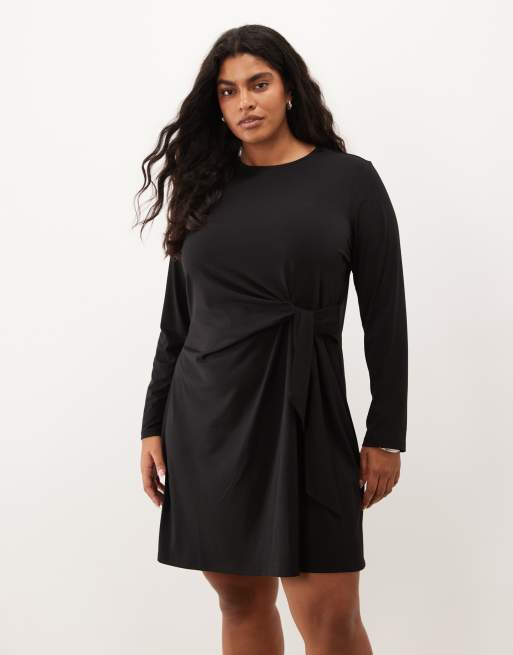 Vero Moda Curve Midikleid mit langen Ärmeln und Bindedetail in Schwarz, 4 von 4