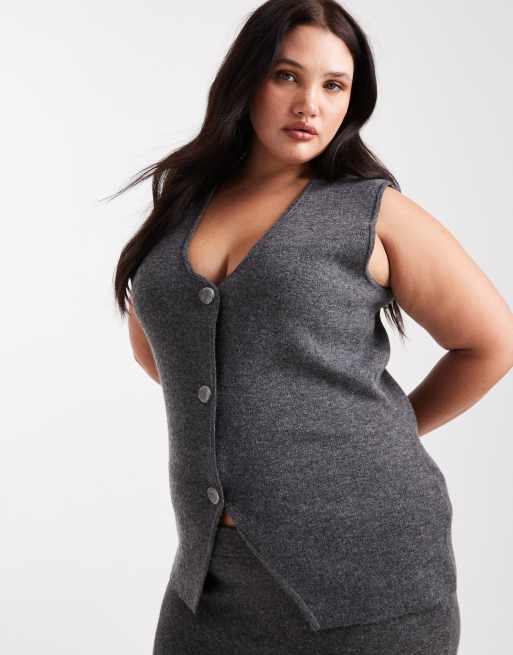 Vero Moda Curve – Szary melanżowy miękki dzianinowy zestaw: spódnica midi i kamizelka, 3 z 3