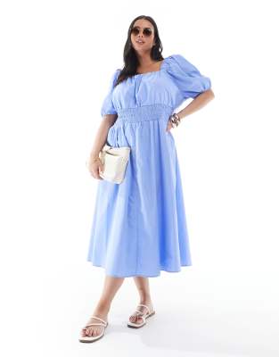 Vero Moda Curve - Milchmädchen-Midikleid in Blau mit Puffärmeln