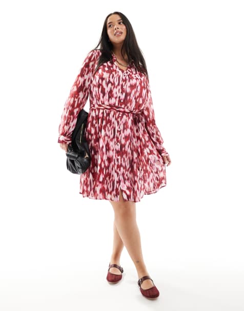 Vero Moda Curve - Mini jurk van chiffon met gestrikte taille en print in rabarber - view 1