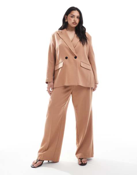Vero Moda Curve – Mockabruna, fiskbensmönstrade, figursydda byxor med vida ben, del av set - view 1
