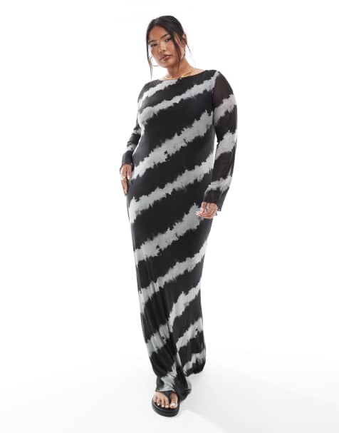 Vero Moda Curve – Monokrom, långärmad maxiklänning i mesh med suddigt mönster - view 1