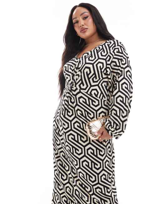 Vero Moda Curve - Monokrom maxikjole med knude foran og abstrakt print, 2 af 4
