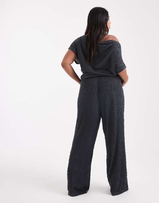 Vero Moda Curve – Mörkgrå, texturerade byxor i jersey med vida ben, del av set, 2 av 5
