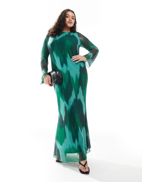 Vero Moda Curve – Mörkgrön, långärmad maxiklänning i mesh med abstrakt mönster - view 1