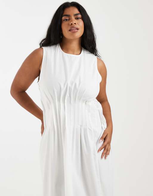 Vero Moda Curve - Mouwloze midi jurk van popeline met geplooide taille in wit, 2 van 4