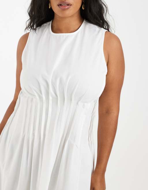 Vero Moda Curve - Mouwloze midi jurk van popeline met geplooide taille in wit, 3 van 4