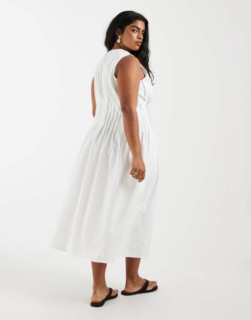 Vero Moda Curve - Mouwloze midi jurk van popeline met geplooide taille in wit, 4 van 4