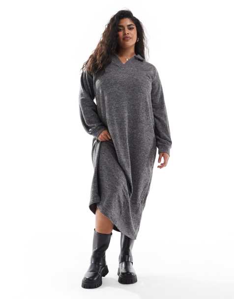 Vero Moda Curve - Mørkegråmeleret og ankellang kjole med polohals i superblødt stof - view 1