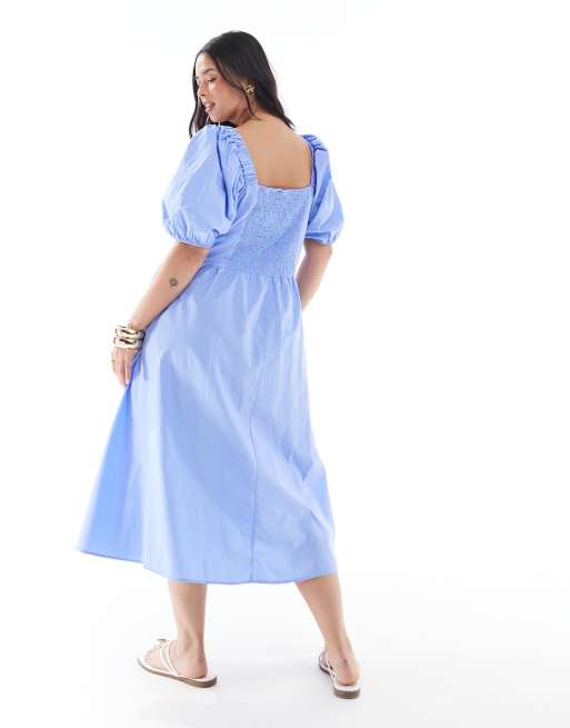 Vero Moda Curve – Niebieska sukienka midi w stylu babydoll z bufkami, 4 z 4