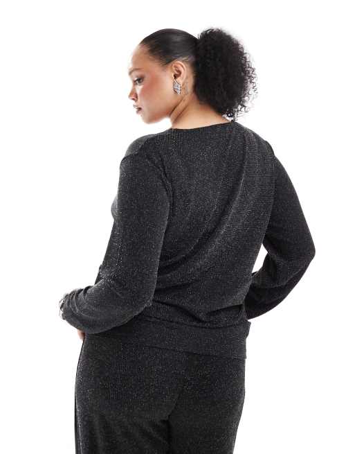 Vero Moda Curve – Oberteil in Glitzer-Schwarz mit überkreuzter Vorderseite, Kombiteil, 2 von 4
