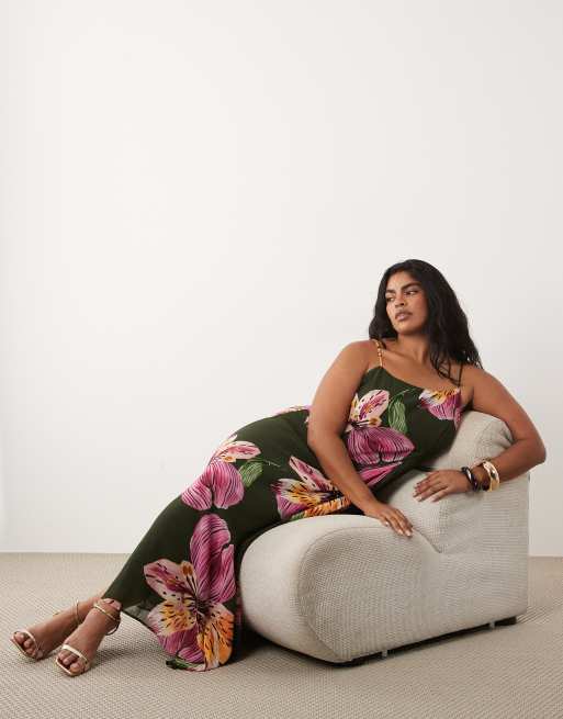 Vero Moda Curve - Olivengrøn maxikjole med stropper og forstørret blomstermønster, 3 af 4