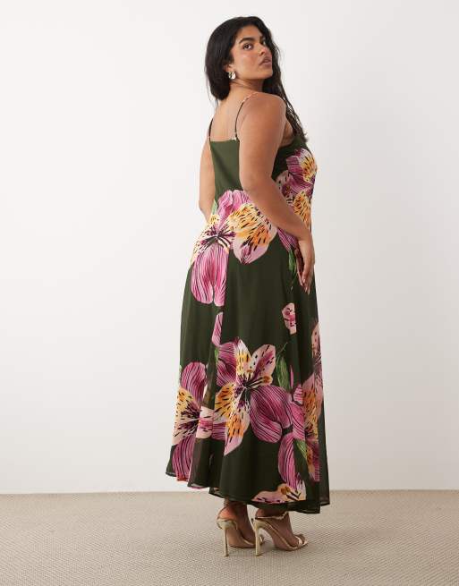 Vero Moda Curve – Olivgrön, storblommig maxiklänning, 4 av 4