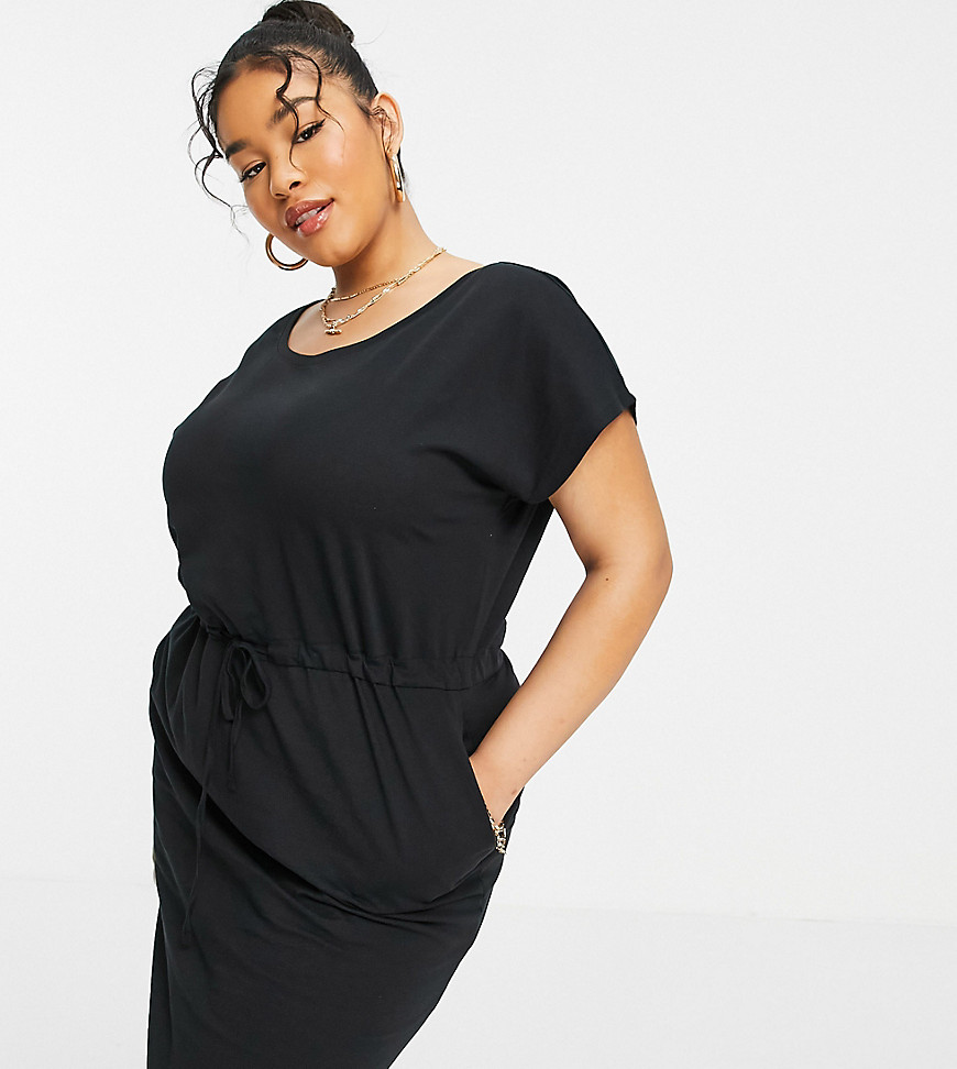 Vero Moda Curve organic cotton drawstring waist t-shirt dress in black