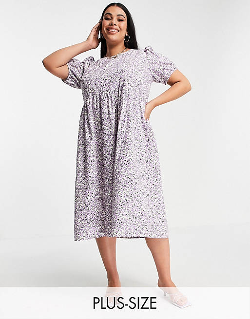 Vero Moda Curve organic cotton midi smock dress with puff sleeves in lilac ditsy floral 