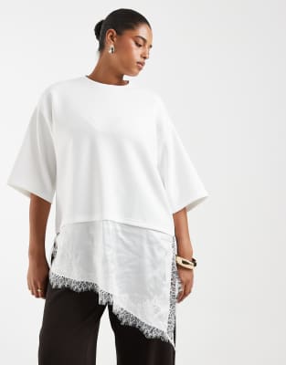 Vero Moda Curve Oversized Asymmetric T-shirt With Lace Trim In White