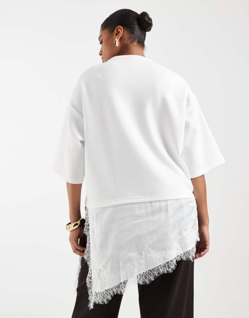 Vero Moda Curve oversized asymmetric t-shirt with lace trim in white, 4 of 4