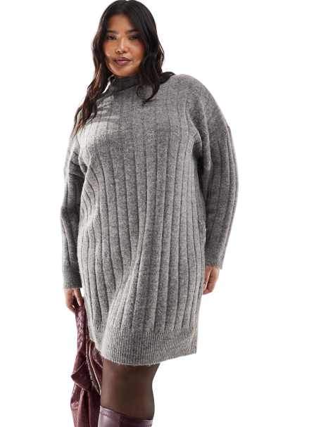 Vero Moda Curve oversized ribbed knitted mini dress in dark grey melange - view 1