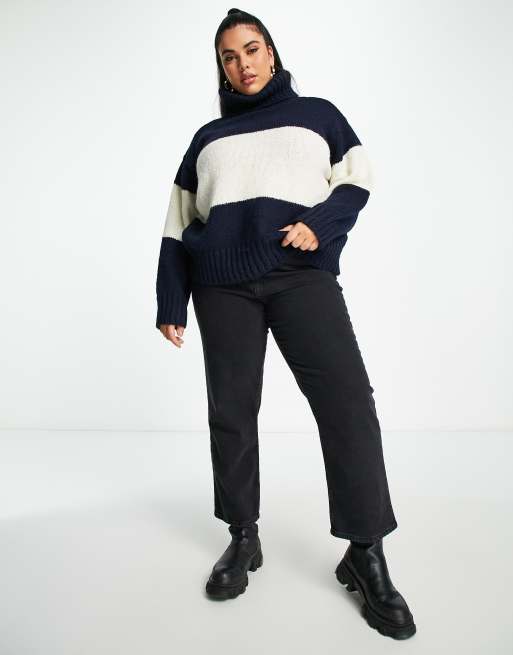 VERO MODA Soft Knit Stripe Rollneck Jumper in Black & Cream