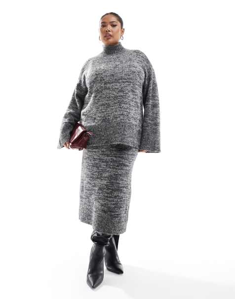 Vero Moda Curve oversized rollneck jumper and knitted midi skirt set in mono melange - view 1