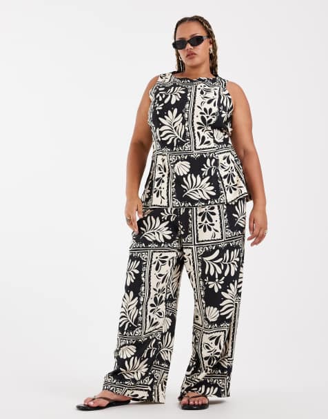 Vero Moda Curve - Pantalon ample d'ensemble taille mi-haute avec imprimé coquillages abstrait - Noir - view 1