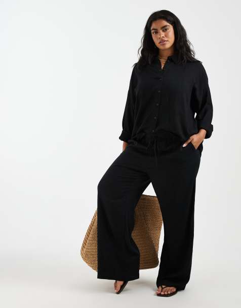 Vero Moda Curve - Pantalones negros de pernera ancha con cordón ajustable en la cintura de tejido efecto lino - view 1