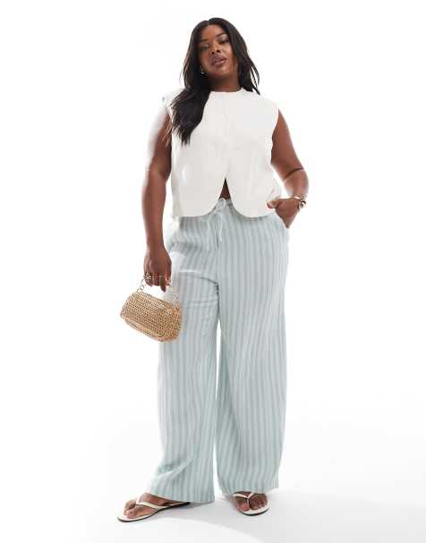 Vero Moda Curve - Pantaloni a fondo ampio in cotone a righe verdi - view 1