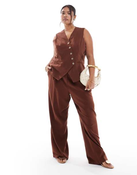 Vero Moda Curve - Pantaloni a fondo ampio in misto lino color cioccolato con pieghe sul davanti in coordinato - view 1