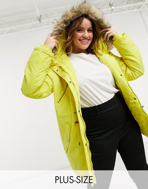 Vero Moda Curve parka with fluffy hood and drawstring waist in yellow