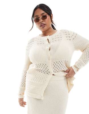 Vero Moda Curve Vero Moda Curve patched crochet cardigan co-ord in cream-White