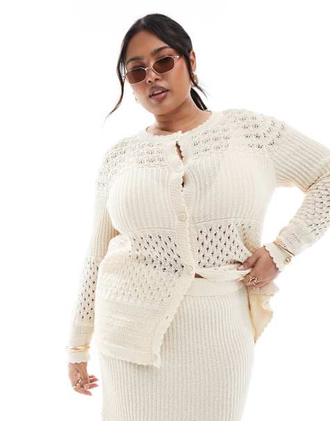Vero Moda Curve patched crochet cardigan co-ord in cream