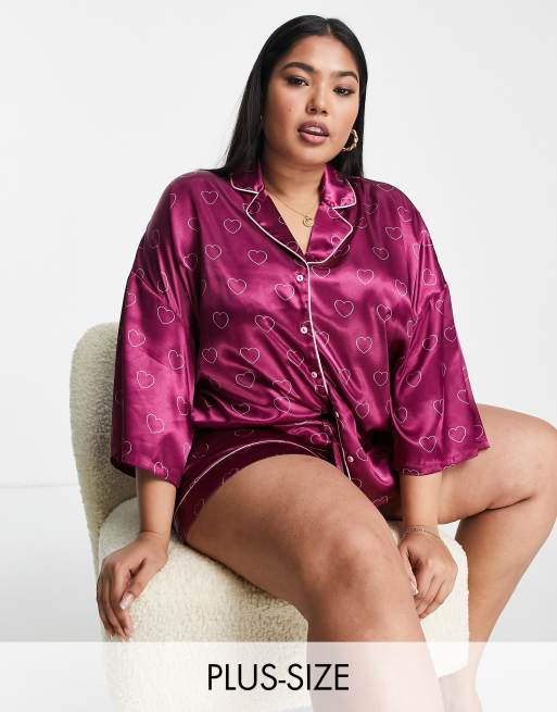Vero Moda Curve - Pigiama in raso bordeaux a cuori