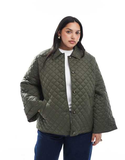 Vero Moda Curve button down quilted jacket in deep khaki