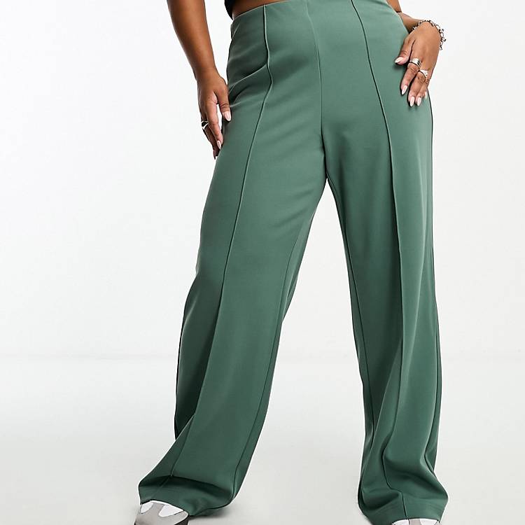 Vero Moda Curve pin tuck wide leg pants in forest green | ASOS
