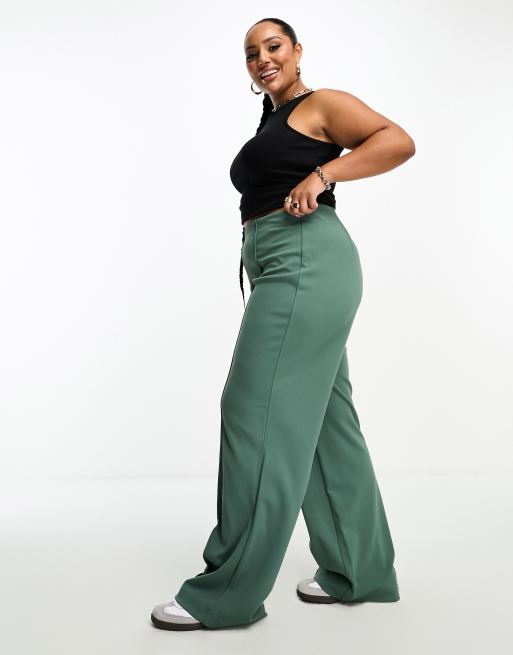 Vero Moda Curve pin tuck wide leg trouser in forest green