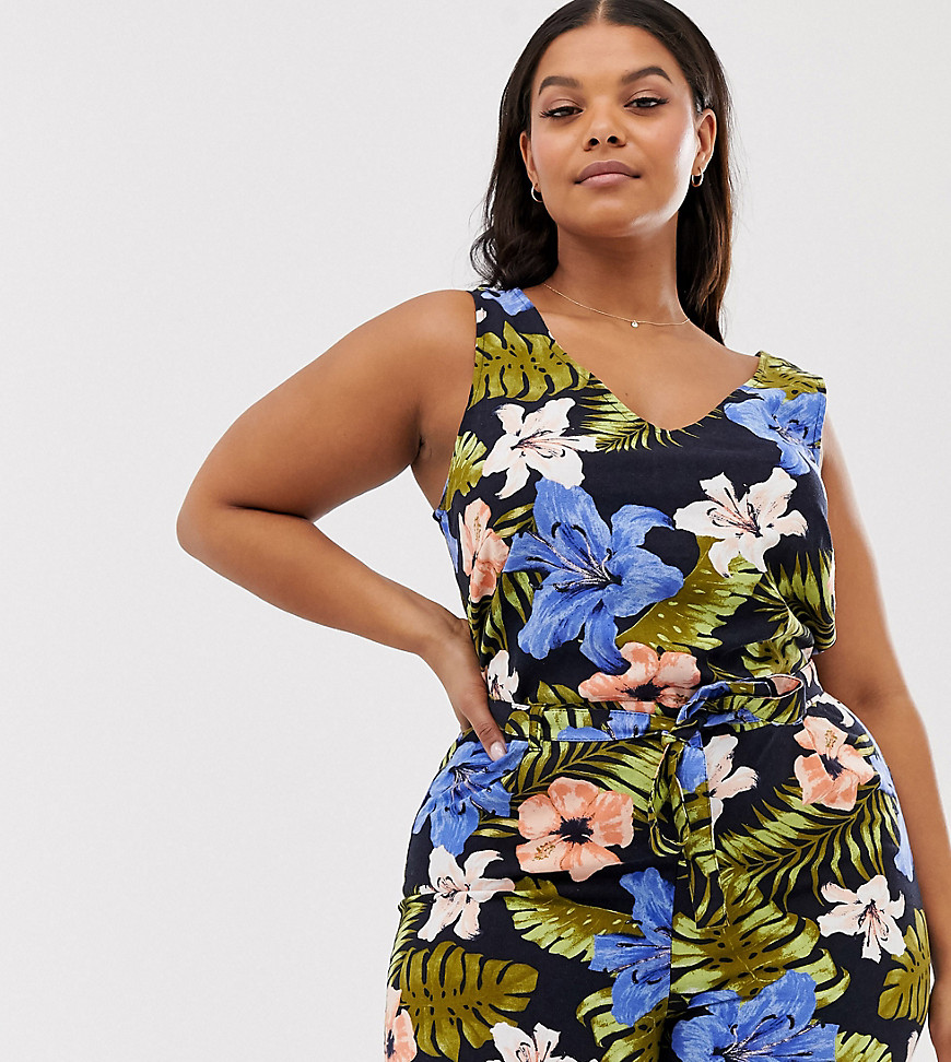 Vero Moda Curve – Playsuit i linne med tropiskt mönster-Marinblå