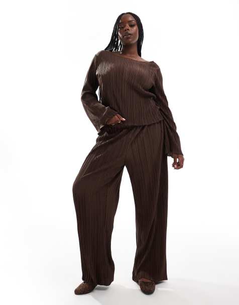 Vero Moda Curve plisse wide leg trouser co-ord in chocolate brown
