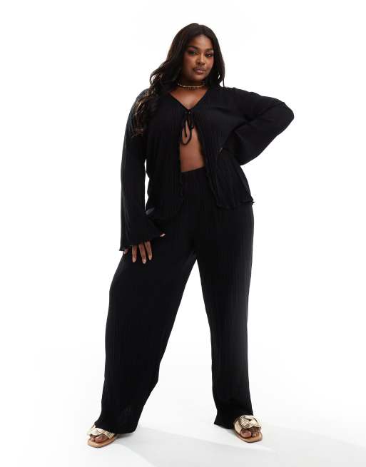 Vero Moda Curve - Plissé broek met wijde pijpen in zwart, deel van co-ord set