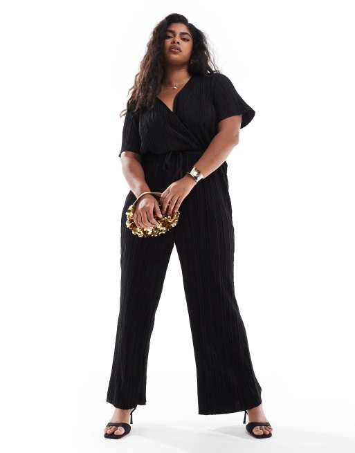 Vero Moda Curve - Plissé jumpsuit met overslag aan de voorkant in zwart