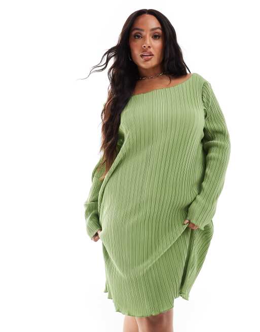 Vero Moda Curve - Plissé mini-jurk met uitlopende mouwen in middengroen