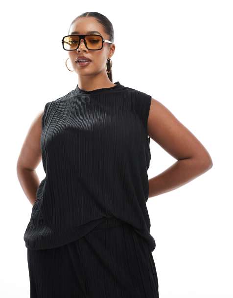 Vero Moda Curve plisse sleeveless top co-ord in black