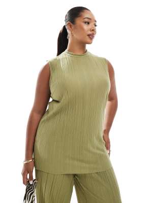 Vero Moda Curve plisse sleeveless top co-ord in khaki-Green