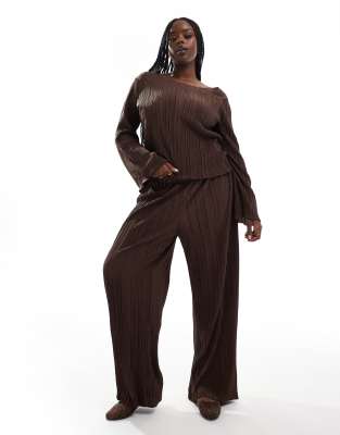 plisse wide leg pants in chocolate brown - part of a set