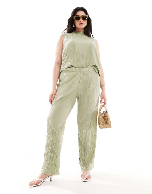 Vero Moda Curve plisse wide leg pants in khaki (part of a set) 