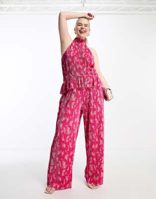 Vero Moda Curve plisse wide leg pants in pink florals - part of a set