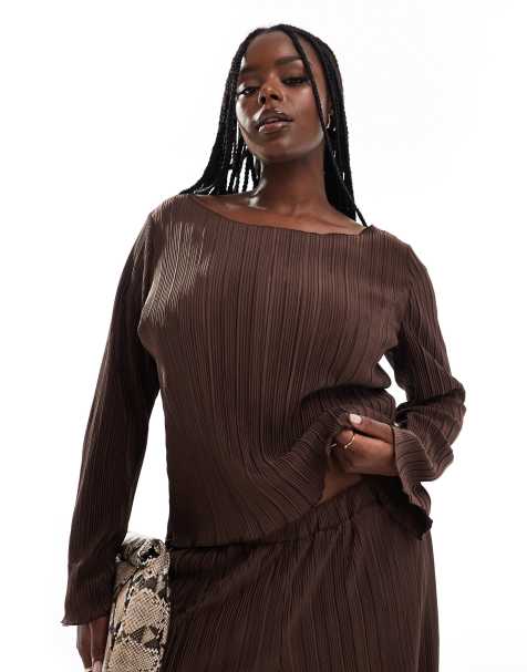 Vero Moda Curve plisse wide sleeve top co-ord in chocolate brown - view 1