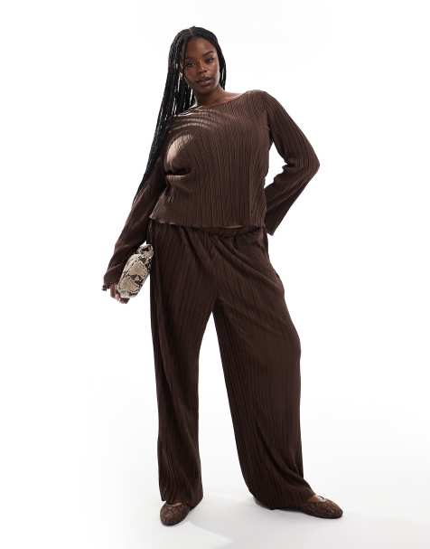 Vero Moda Curve plisse wide sleeve top & wide leg trouser co-ord in chocolate brown - view 1